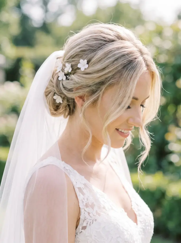Blonde Bridal Updo With Sheer Veil