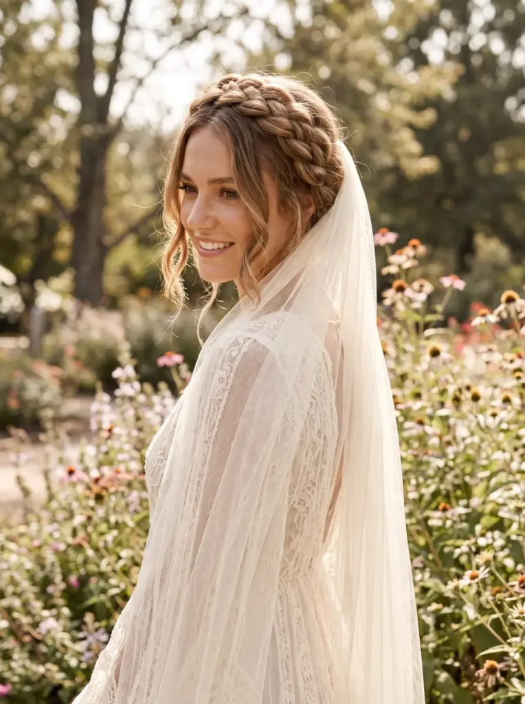 Braided Crown Beneath a Flowing Veil