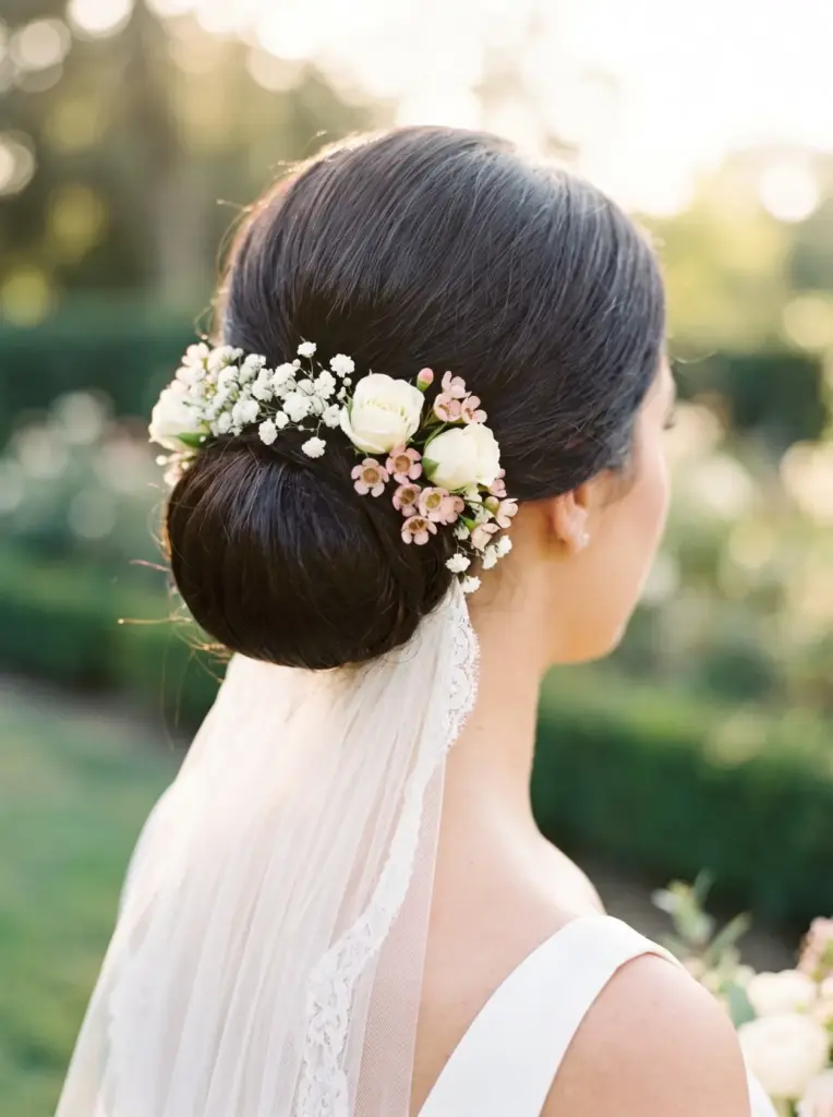 Bridal Hair Flower Bun With Veil