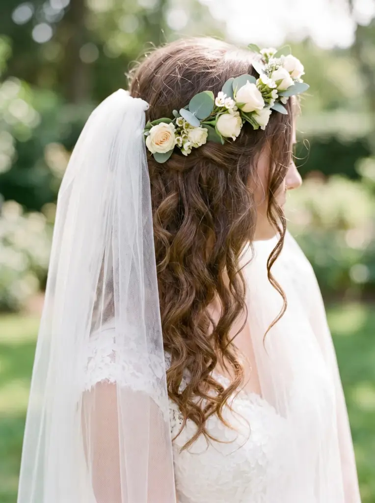 Bridal Hair With Flower Crown And Veil