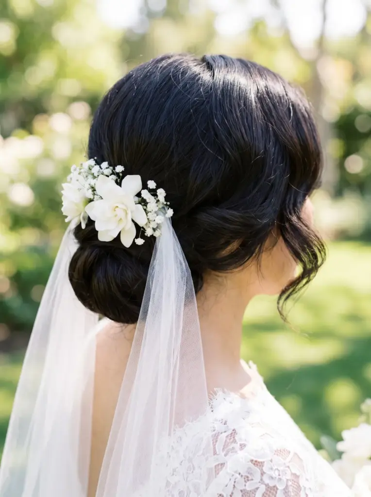 Bridal Hairstyle With Flower And Veil