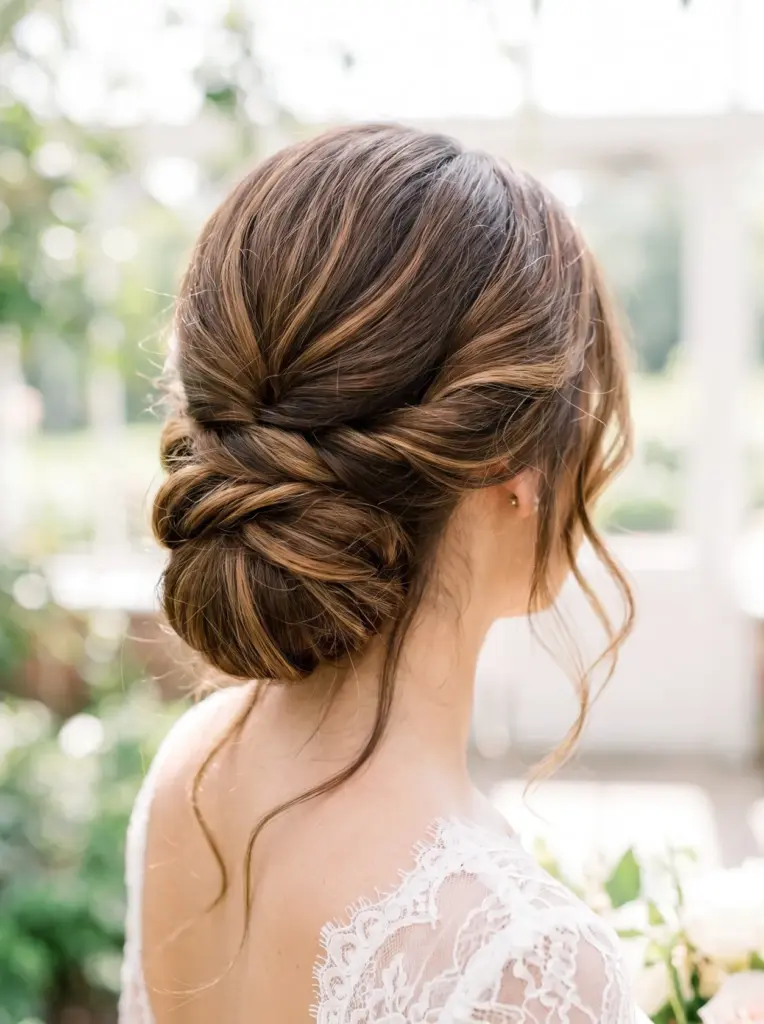 Brown Low Bun Wedding Hairstyle