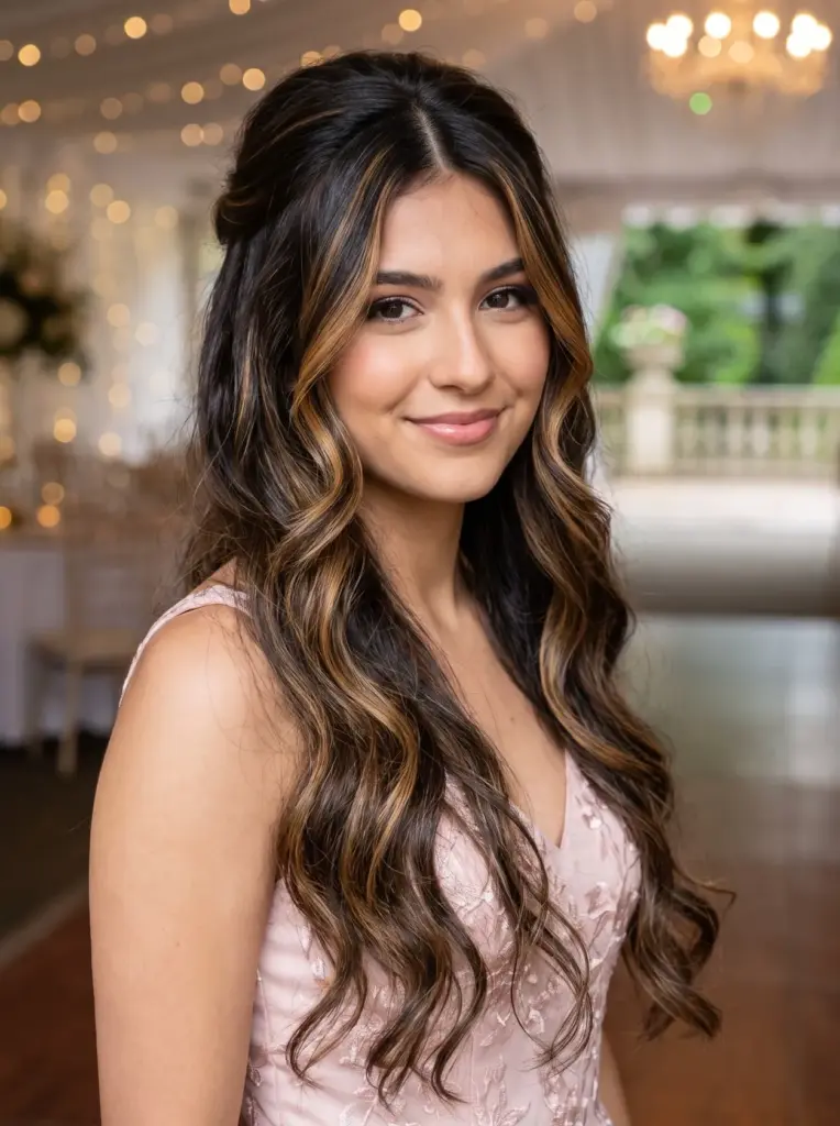 Brunette Highlighted Soft Prom Waves