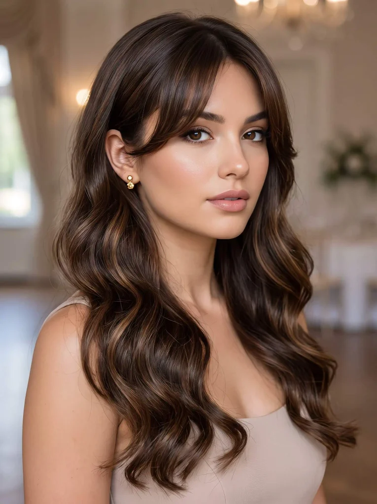 Brunette Prom Waves Curtain Bangs