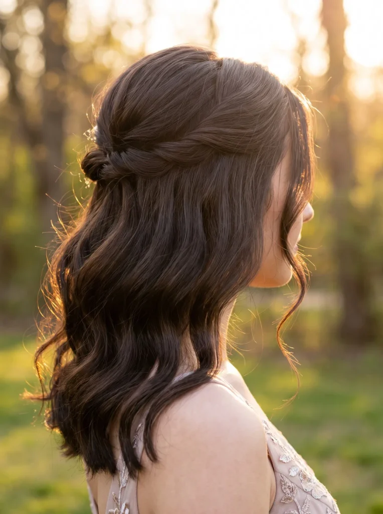 Brunette Twisted Half Up Waves