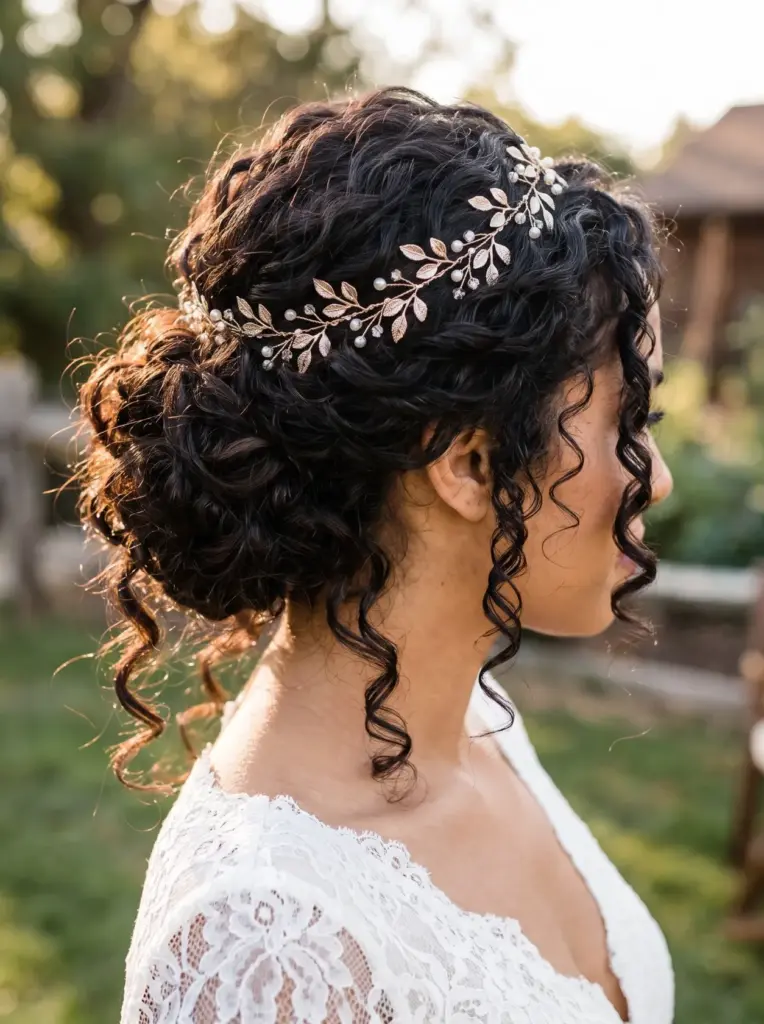 Curly Bridal Updo With Hair Vine