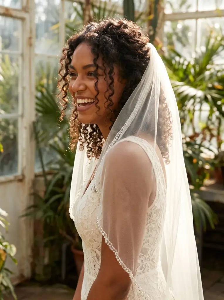 Curly Half-Up With a Beaded Veil