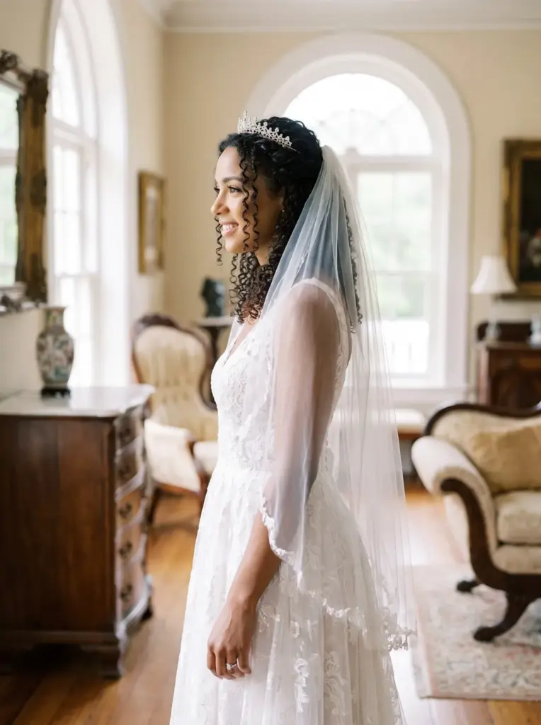 Curly Half-Up With a Tiara Veil