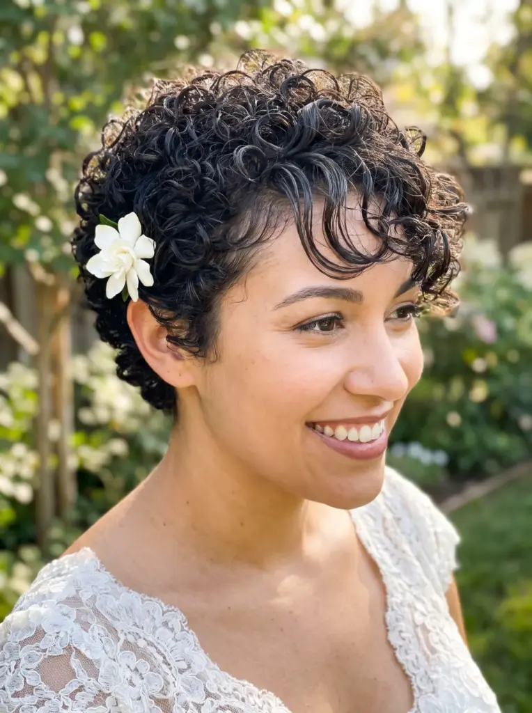 Curly Pixie Cut Bridal Style