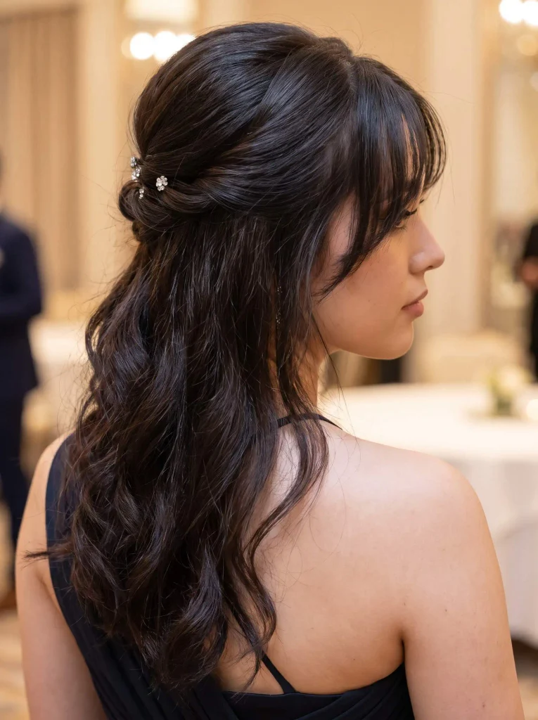 Dark Hair Half Up Curtain Bangs
