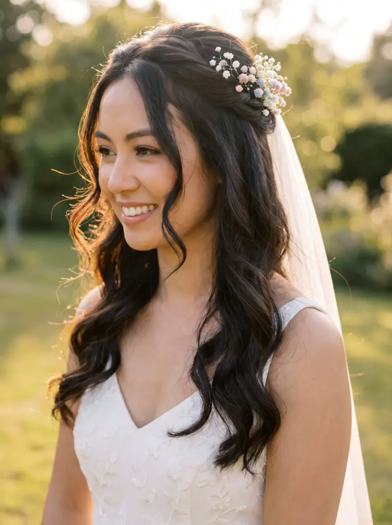 Delicate Floral Half Up Waves