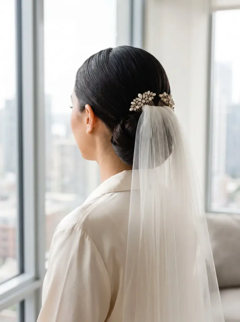 Elegant Low Bun With Veil Combs