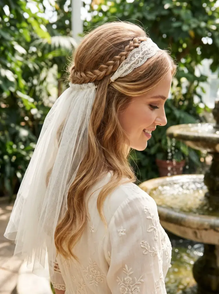 Half-Up Braid With a Headband Veil