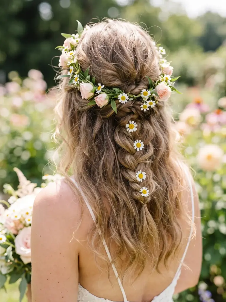 Half Up Half Down Flower Crown Bridal Hair