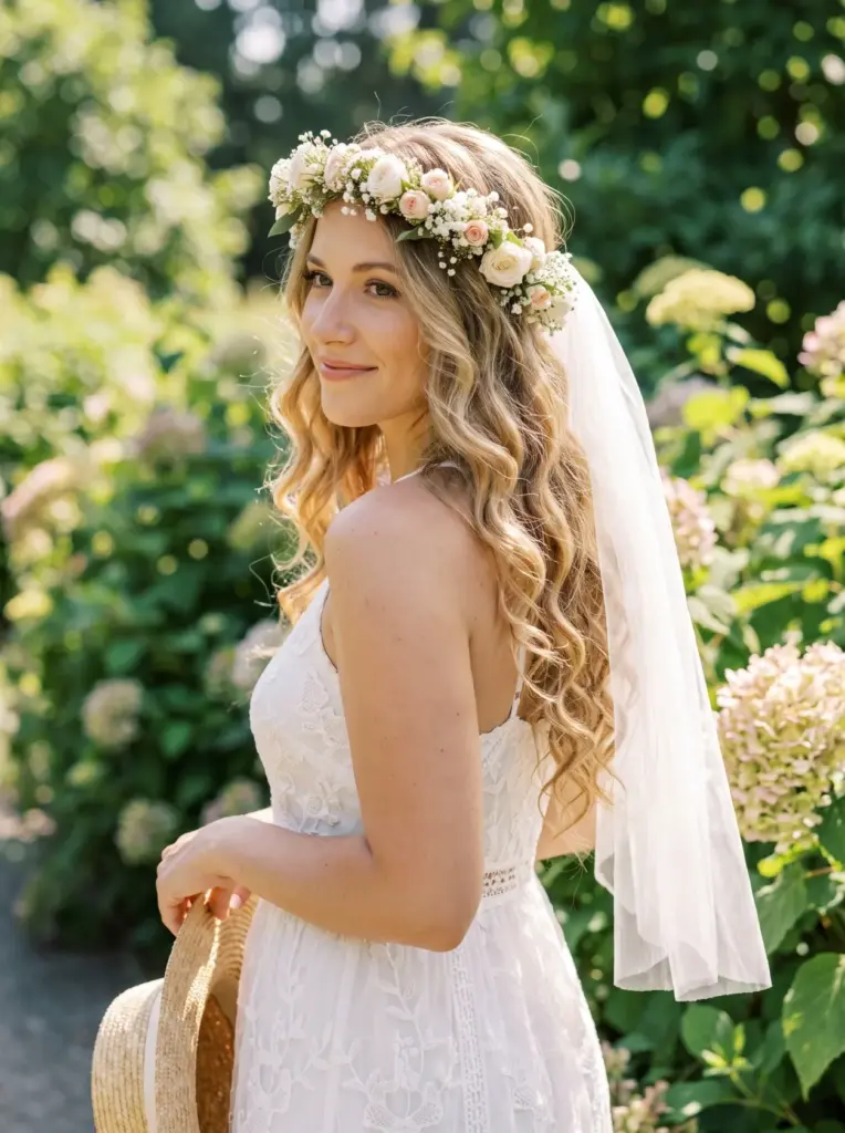 Loose Curls With a Flower Crown Veil