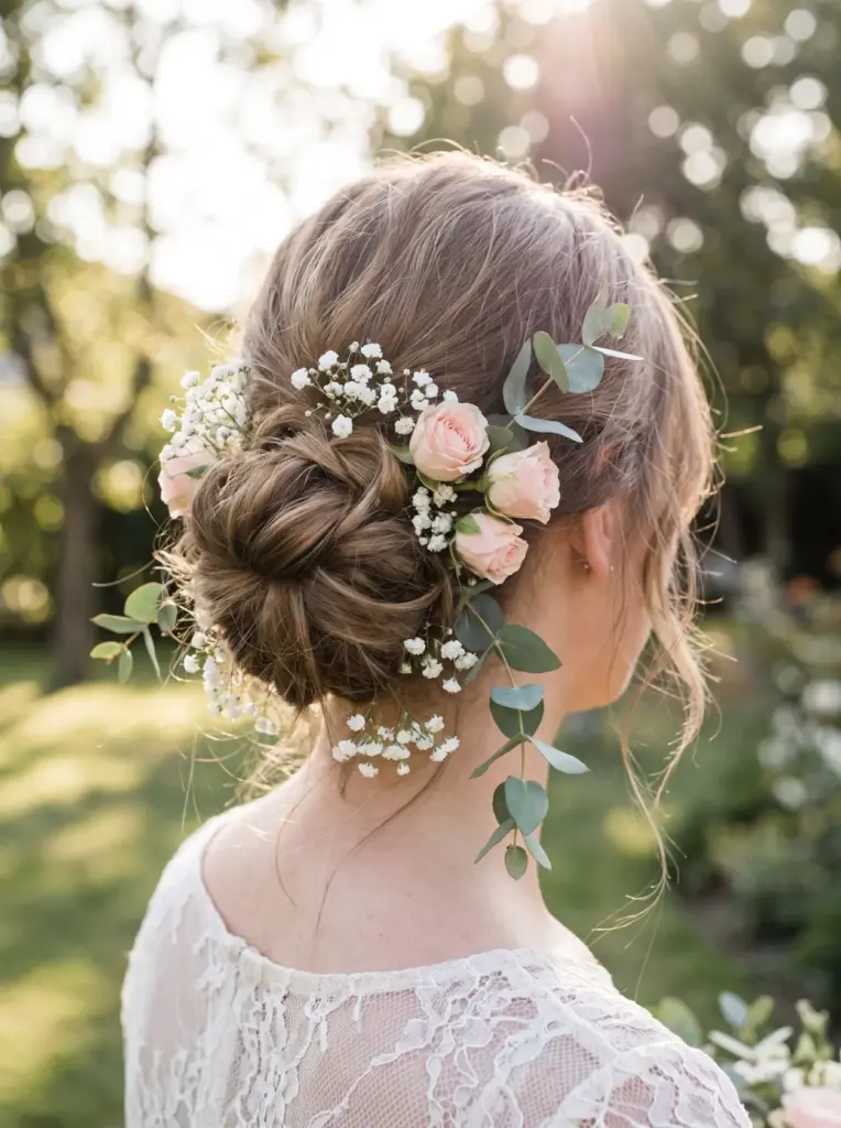 Low Bun Hairstyle With Fresh Flowers