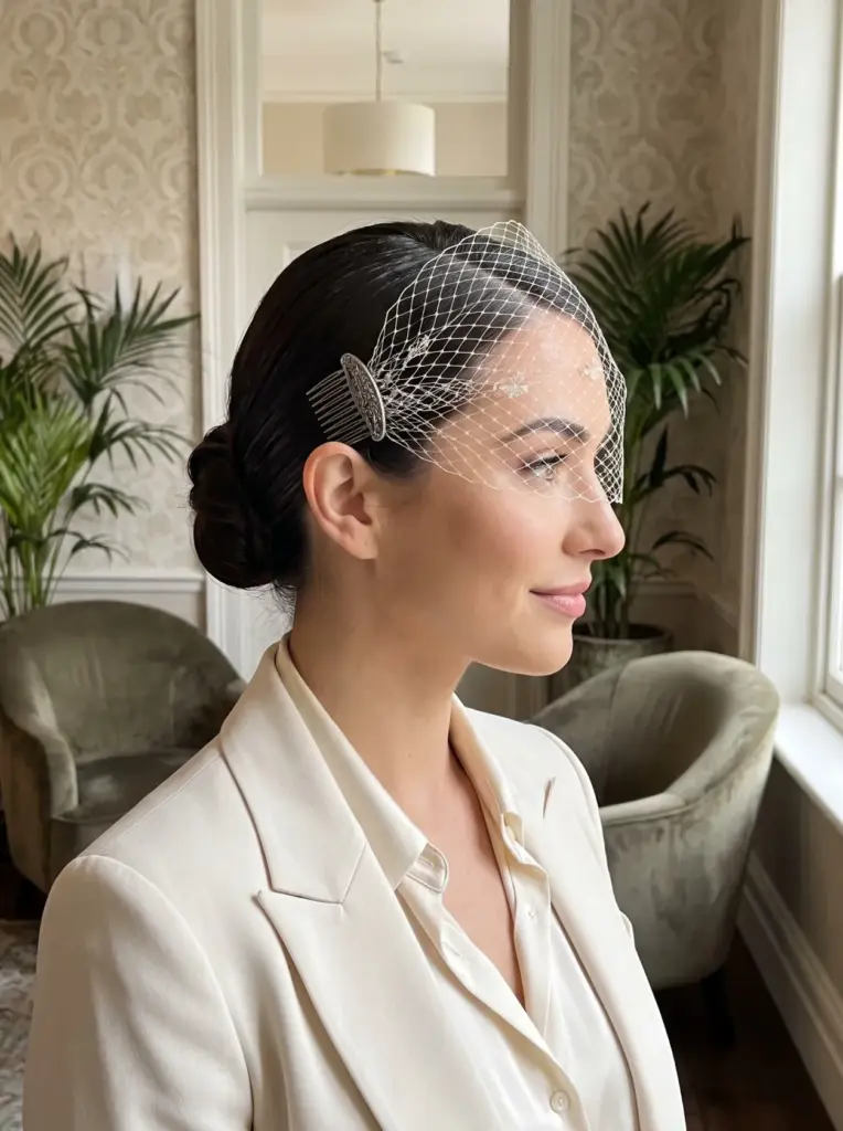 Low Bun With a Birdcage Veil