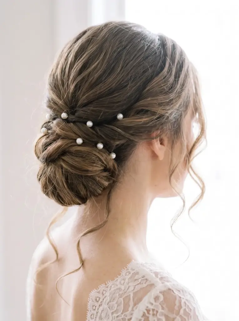 Pearl-Adorned Low Bun Bridal Style