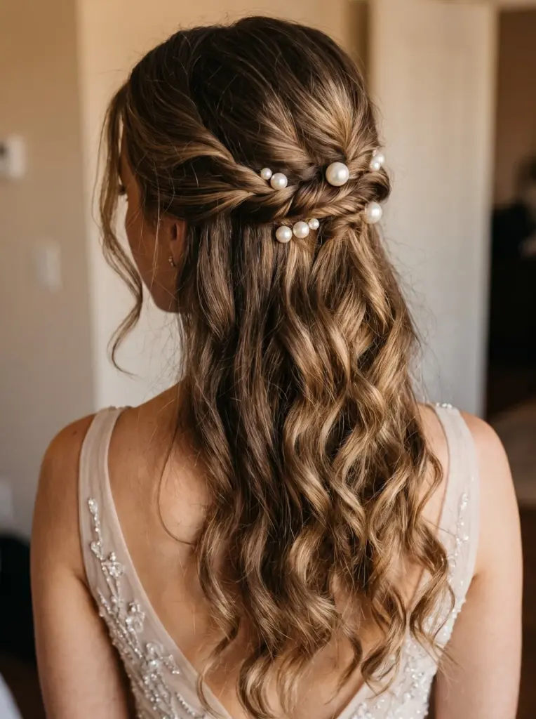 Pearl-Pinned Half-Up Prom Waves