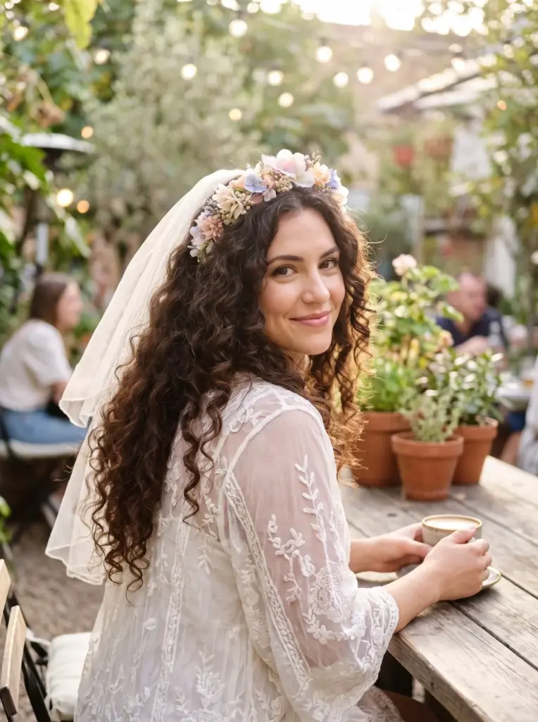 Princess Curls With a Veiled Flower Crown