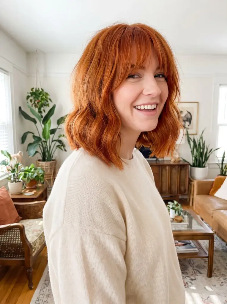 Red Wavy Bob With Curtain Bangs