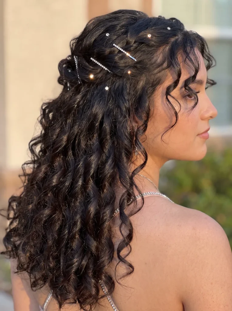Rhinestone Half Up Curly Hair