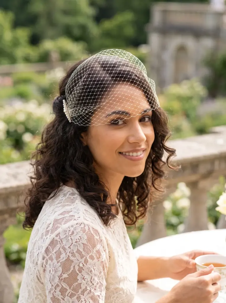 Romantic Curls With a Birdcage Veil