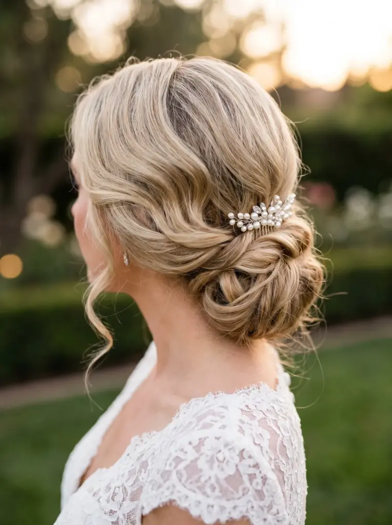 Side-Part Low Bun Wedding Updo