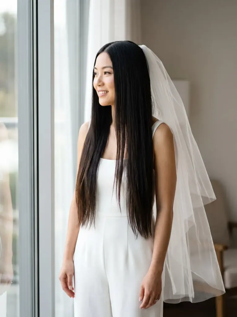 Sleek Hair Down With a Long Veil