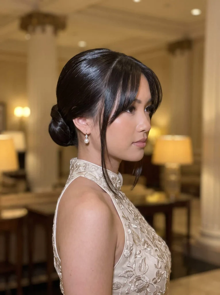 Sleek Low Bun Curtain Bangs