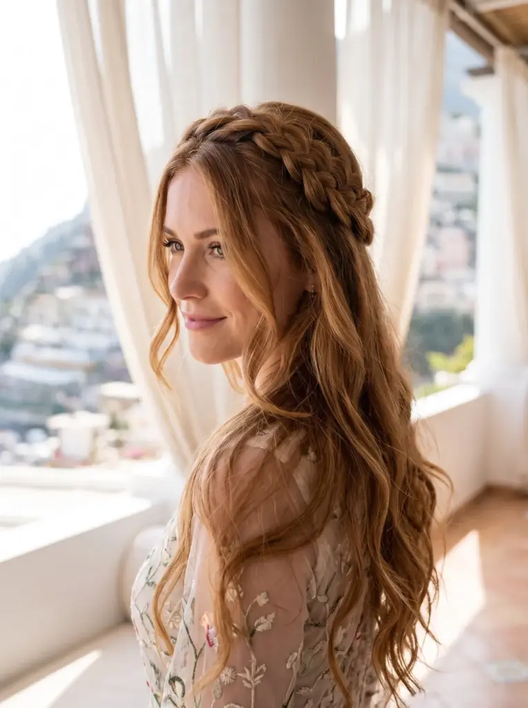 Soft Half-Up Braided Crown Long Hair