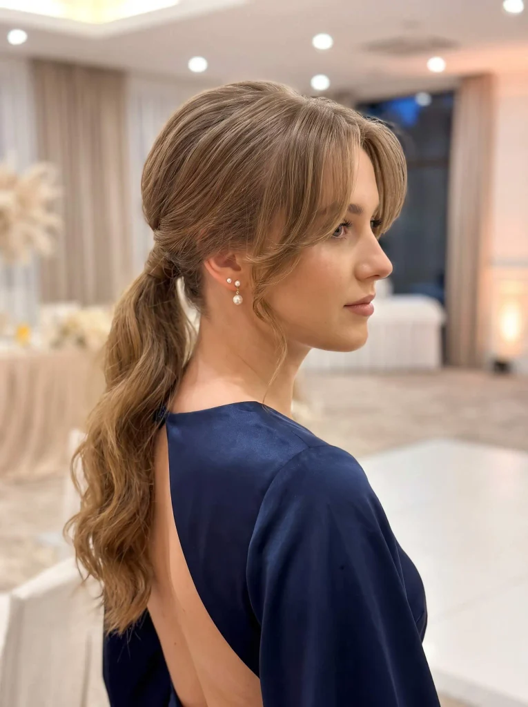 Soft Wavy Low Ponytail Curtain Bangs