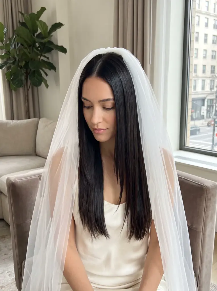 Straight Sleek Hair With a Veil