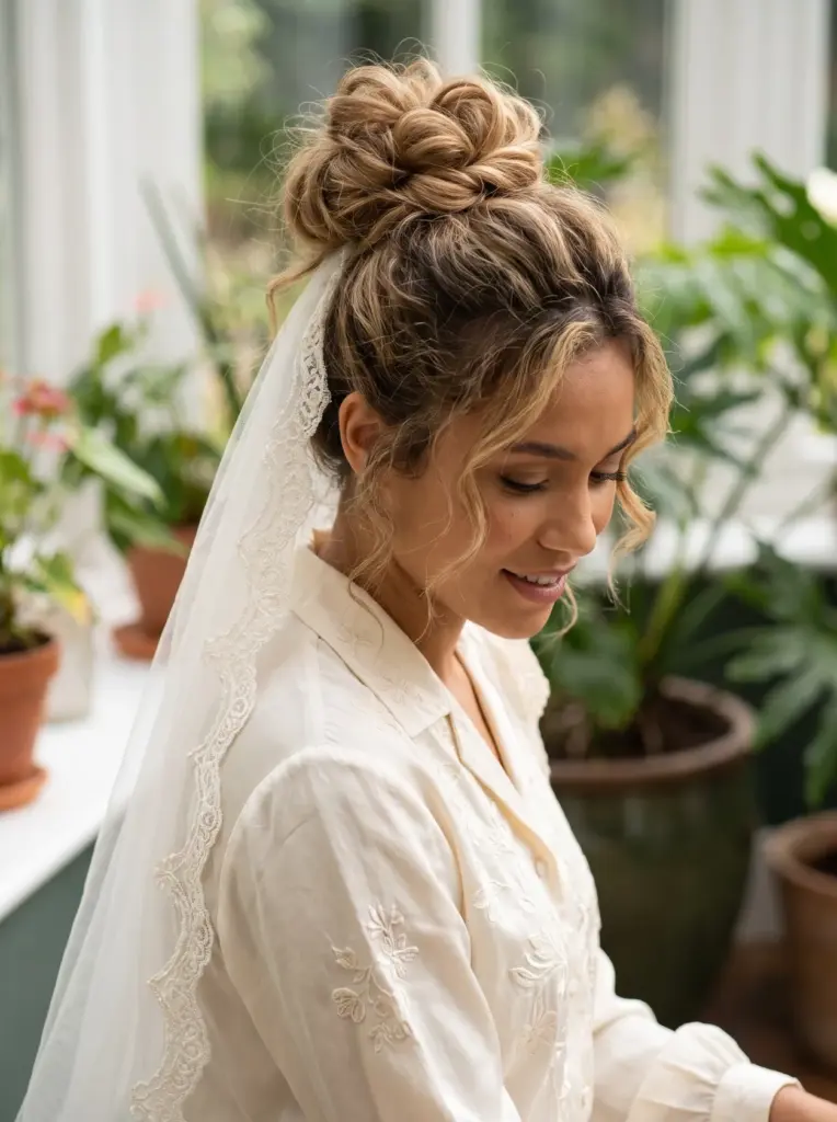 Textured Updo With a Lace Veil