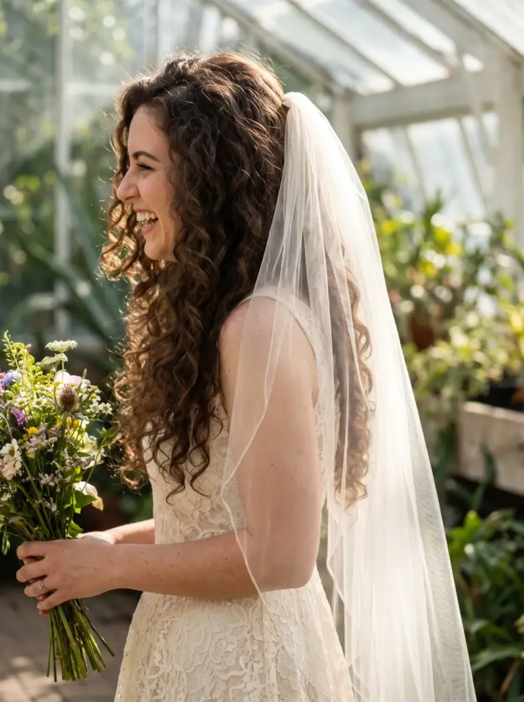 Voluminous Curls With a Tulle Veil