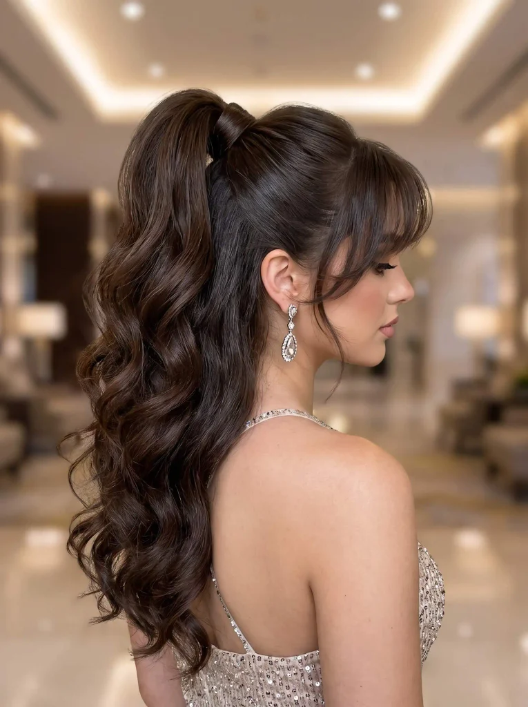Voluminous High Ponytail Curtain Bangs