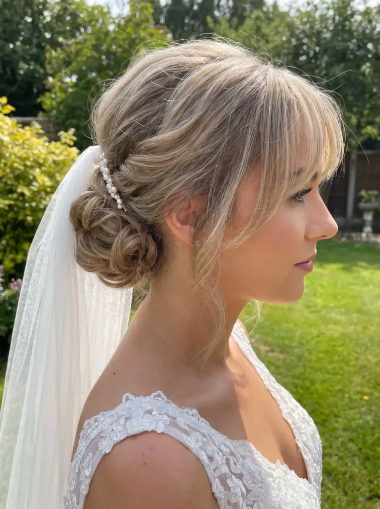 Voluminous Low Bun With Curtain Bangs