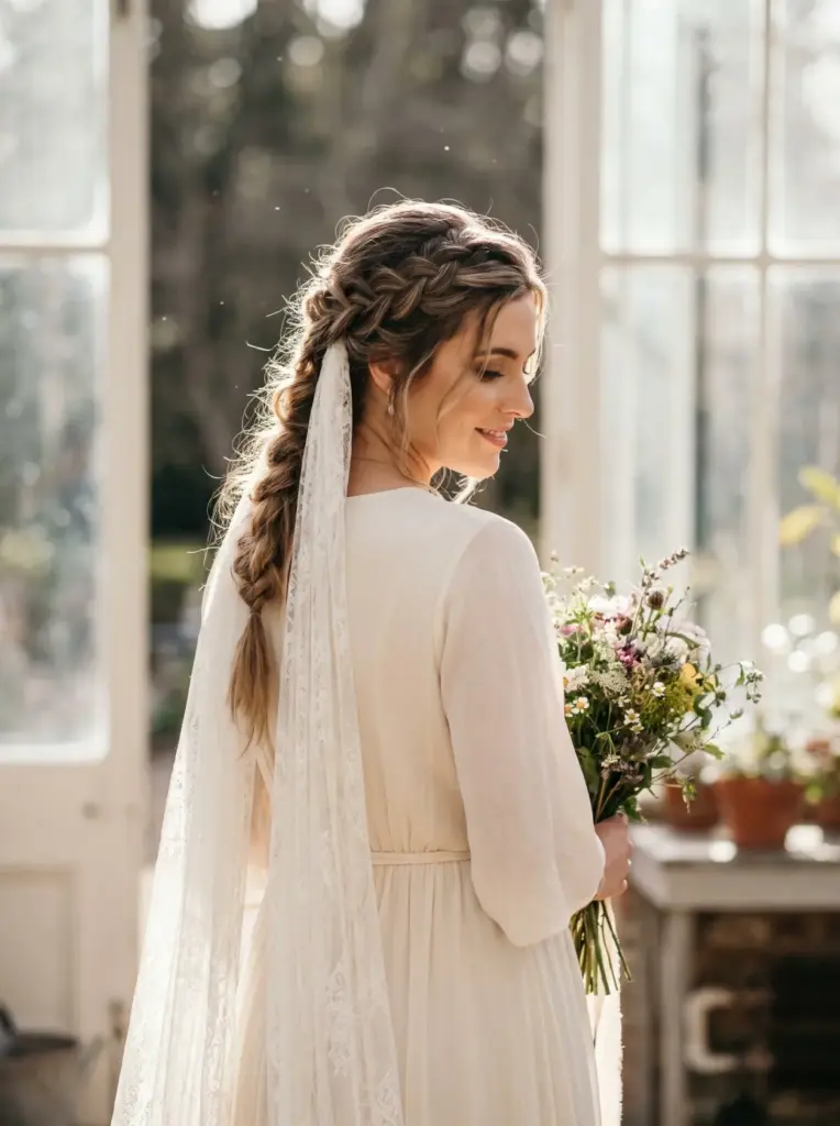Waterfall Braid With a Long Veil