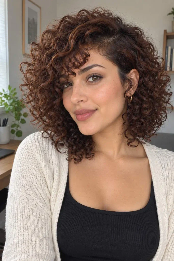 Asymmetric curly fringe with side part