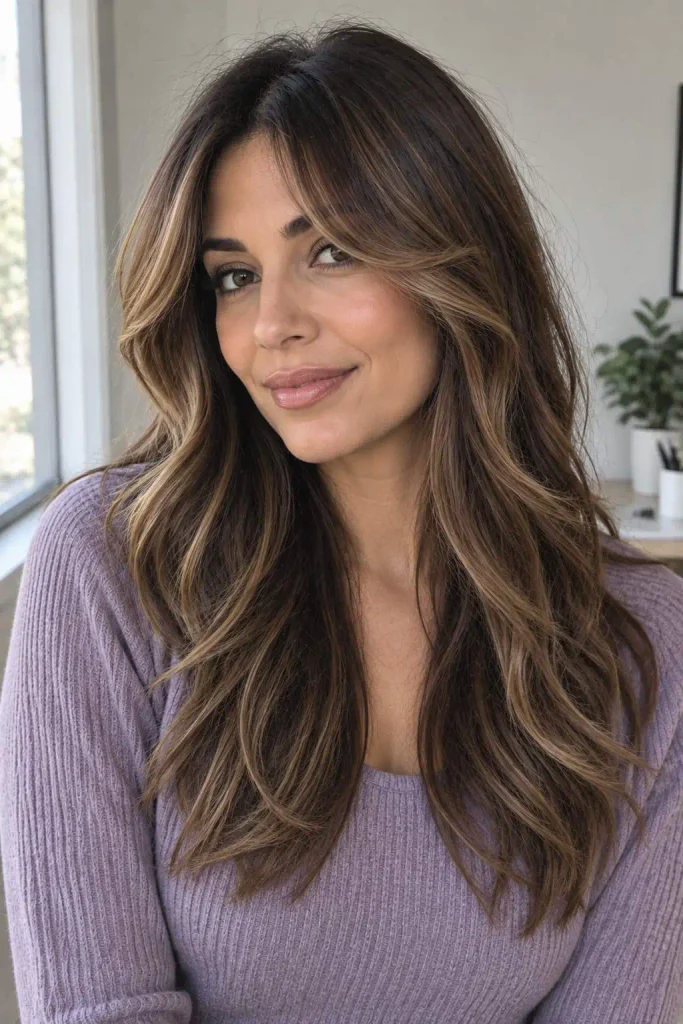 Brunette Highlights With Curtain Bangs