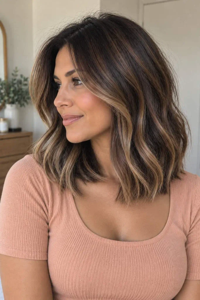 Brunette Lob With Dimensional Highlights