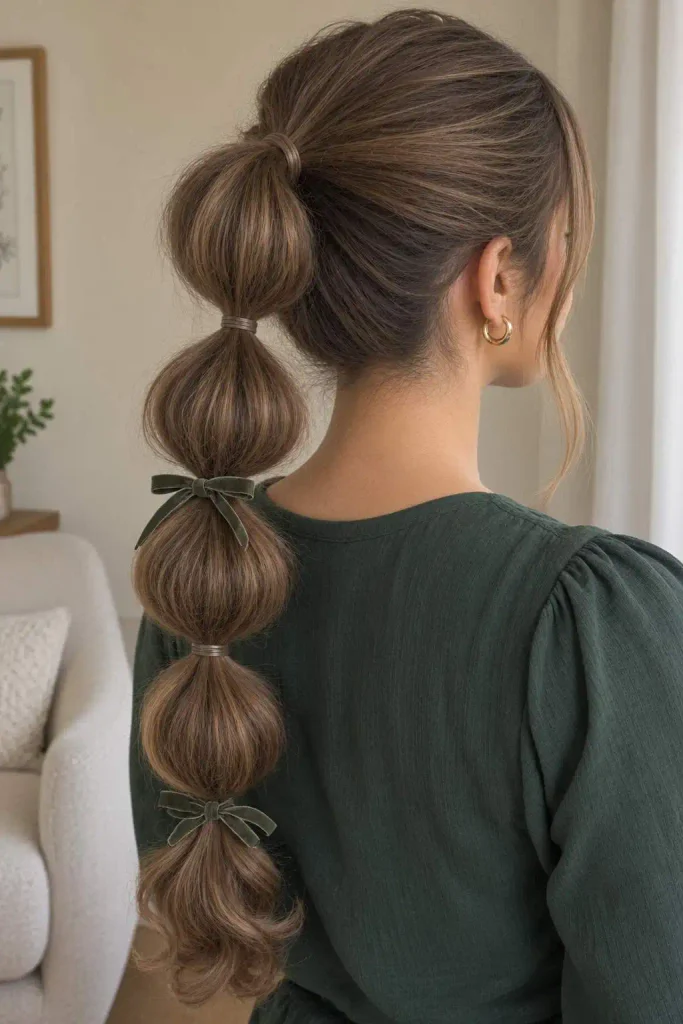 Bubble ponytail with ribbon bows