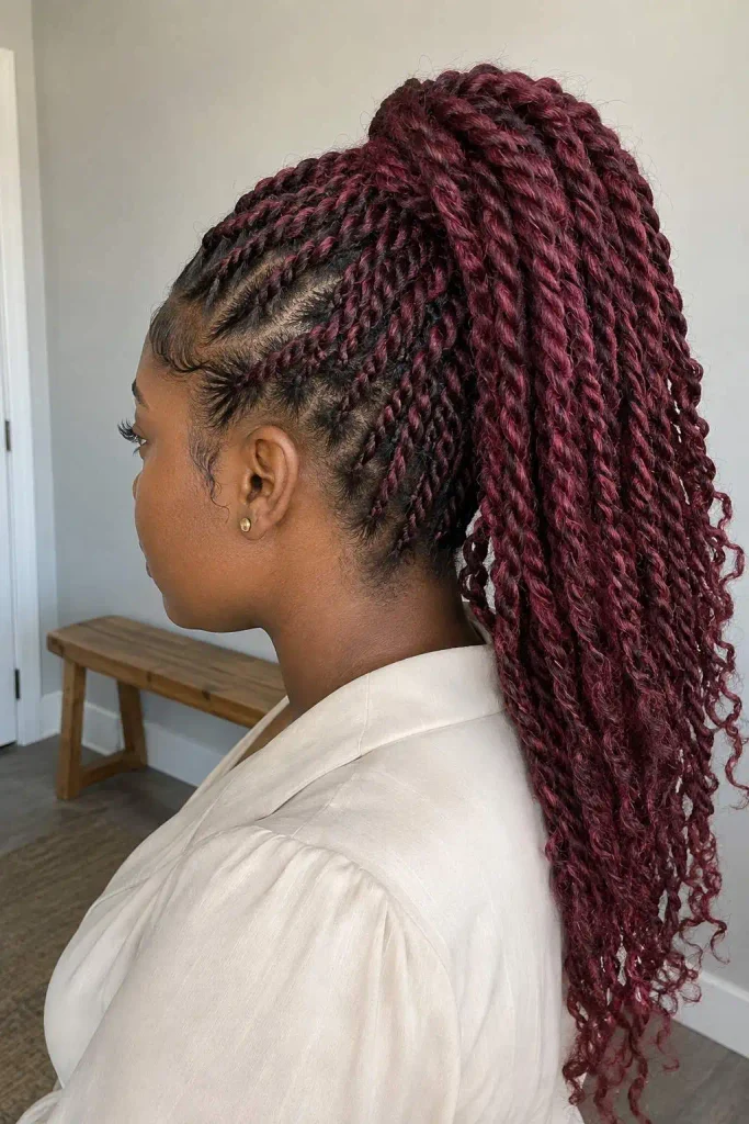 Burgundy two strand twist ponytail