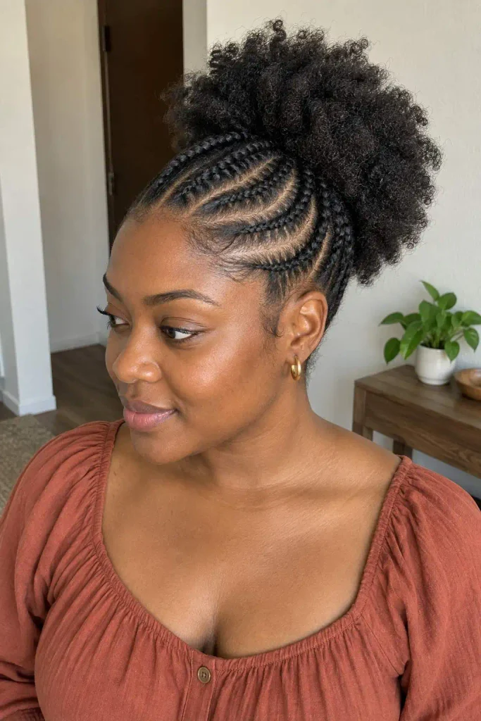 Cornrows into a natural puff