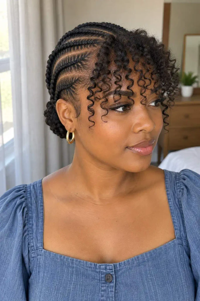 Cornrows with curly bangs