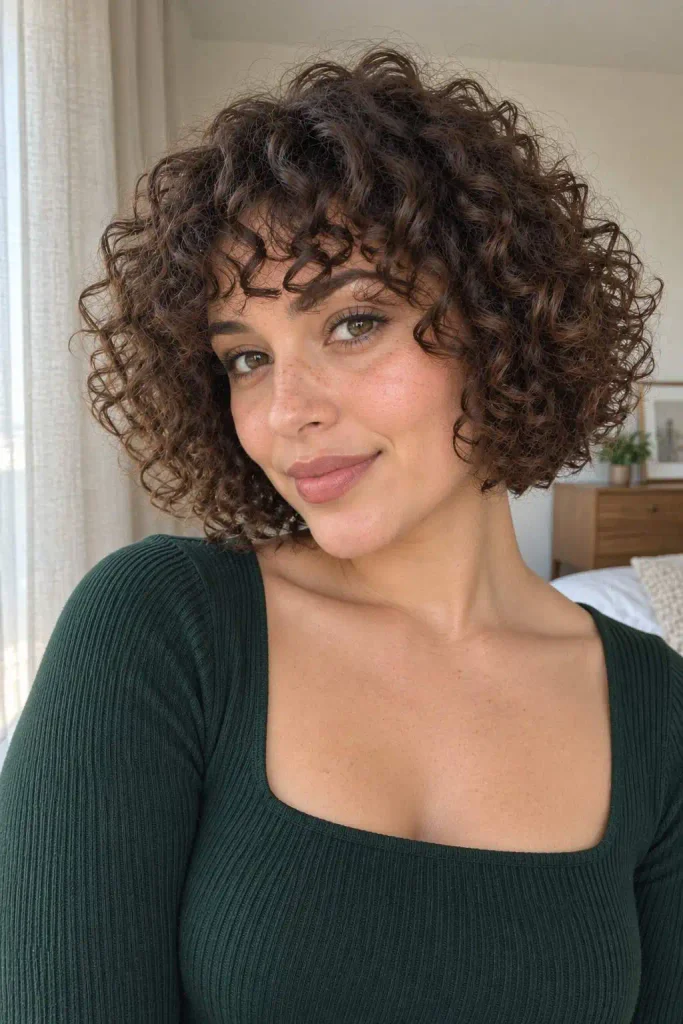 Curly bob with arched bangs