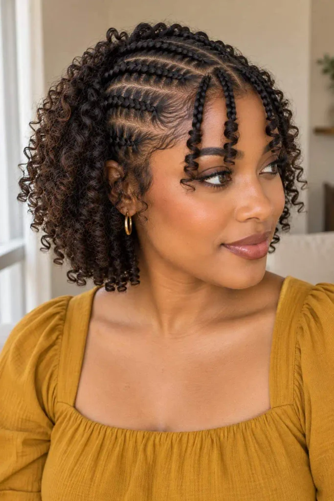 Curly cornrows with braided bangs