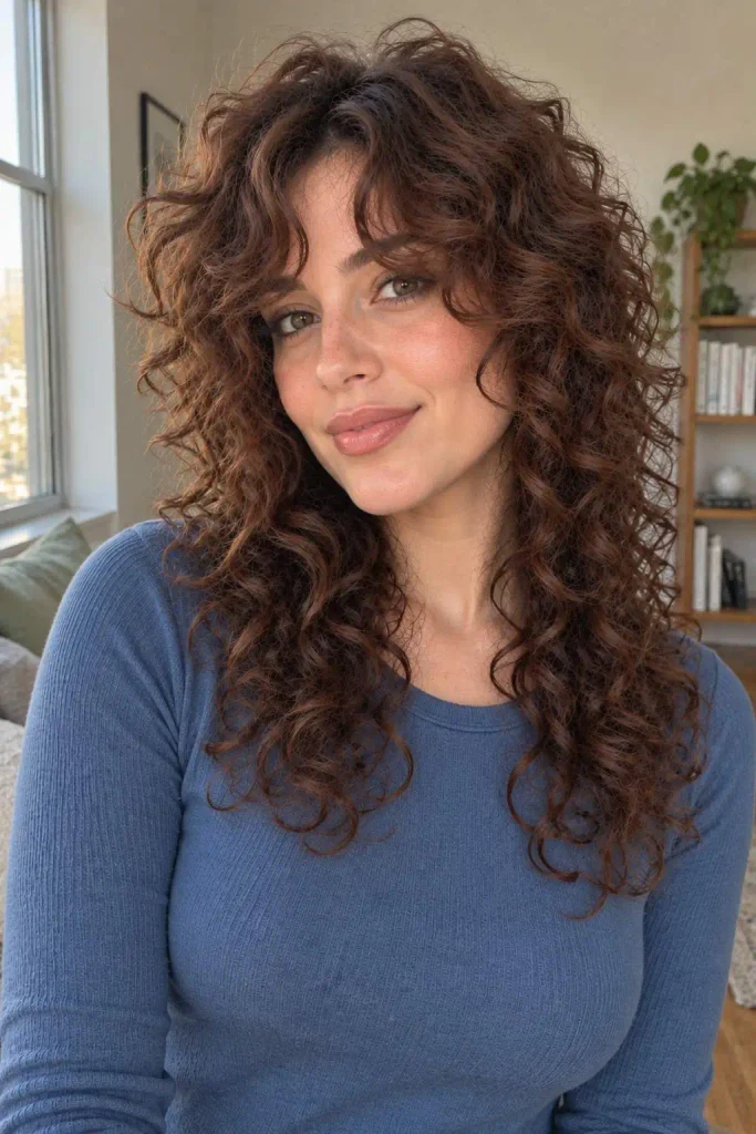 Curly wolf cut with curtain bangs