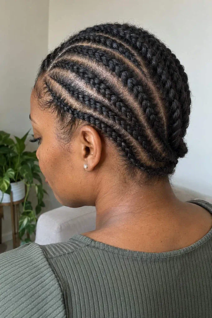 Curved side-swept cornrows on natural hair