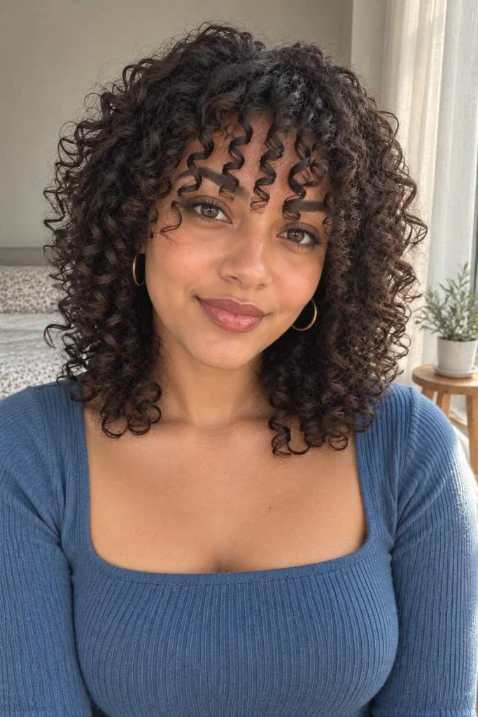 Defined finger-coiled curly bangs